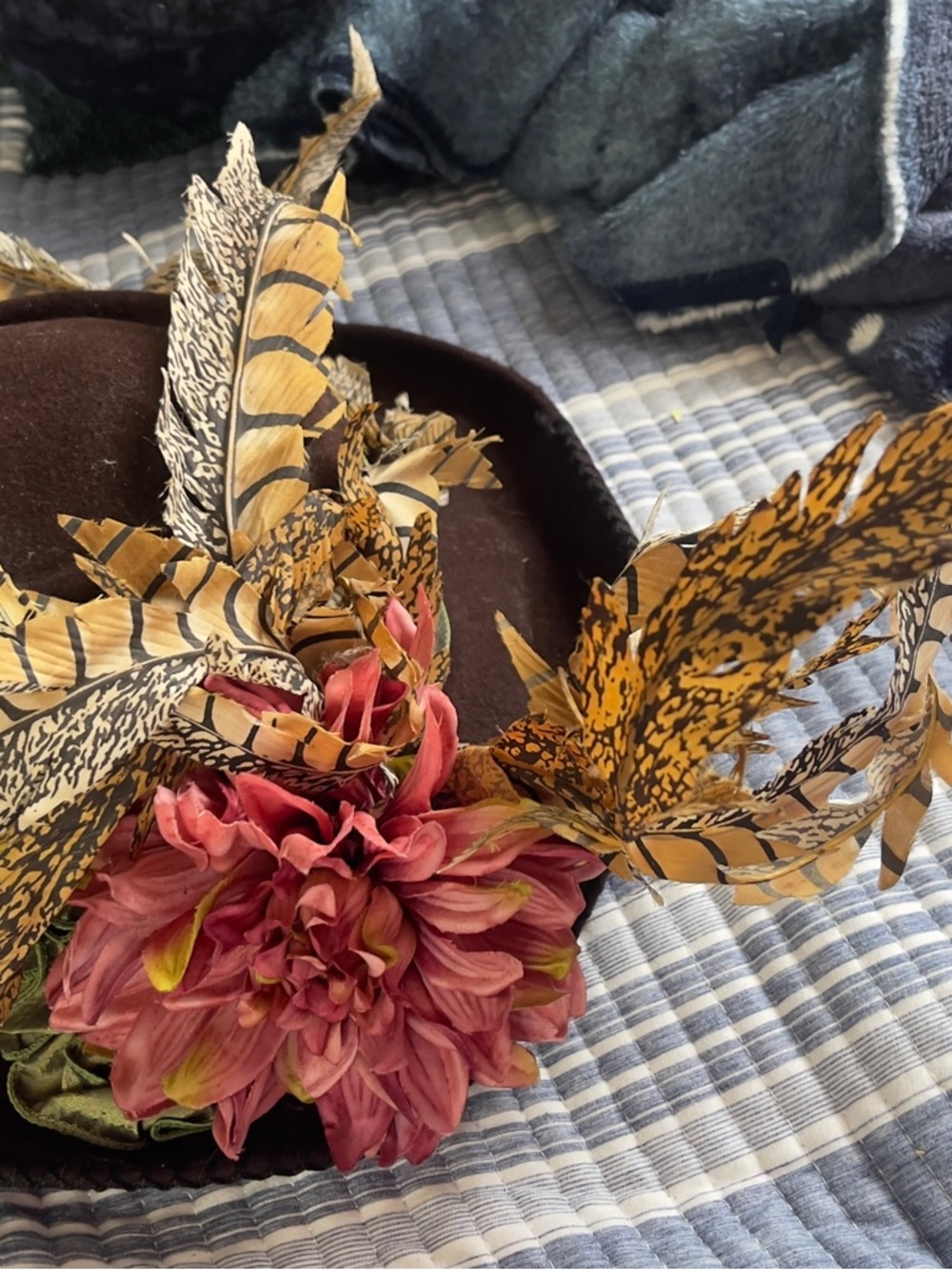 Dark Brown Wool Felt Hat with Pink Flower and Tan Feather Trim